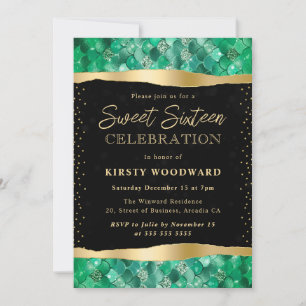 Invitación Escamas de Sirena Verdes y Doradas Dulces 16