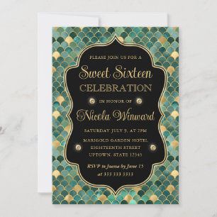 Invitación Escamas de Sirena Verdes y Doradas Marco Sweet 16