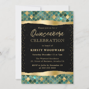 Invitación Escamas de sirena verdes y doradas Quinceanera