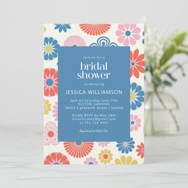 Invitación Escándalo Boho Flor Folclórica Azul Bridal Shower (Anverso de pie)