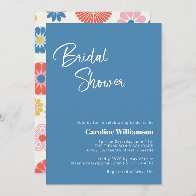 Invitación Escándalo Boho Folk Flor Blue Bridal Shower (Anverso / Reverso)