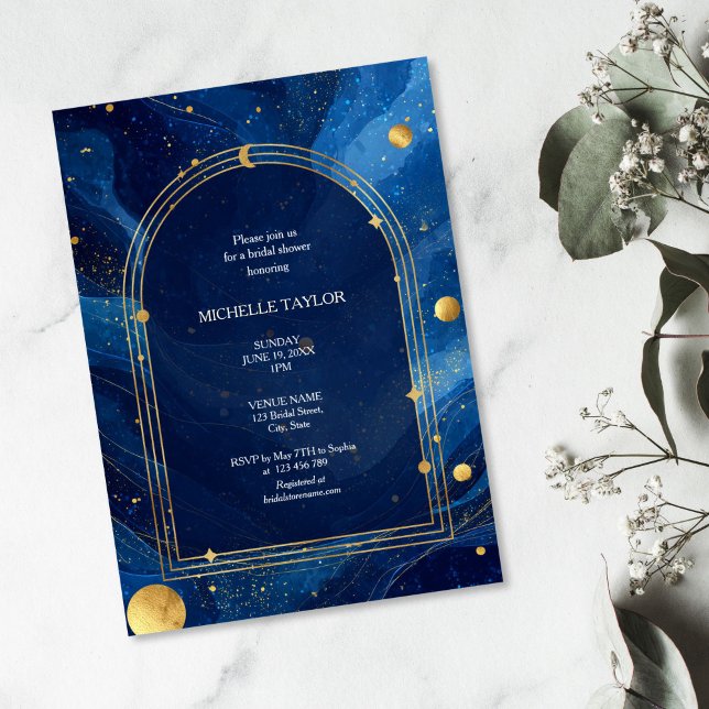 Invitación Escándalo de Moda elegante celestial mística encan (blue sky with golden moon and stars, arched golden frame bridal shower invitation)
