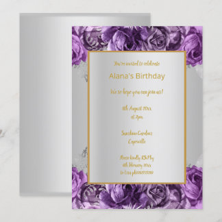 INVITACIÓN ESCANDALOSA PLATA Y PATRÓN FLORAL PURPLE CUMPLEAÑO