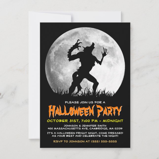 Invitación Escandaloso Halloween Horror Werewolf en la luna l (Anverso)
