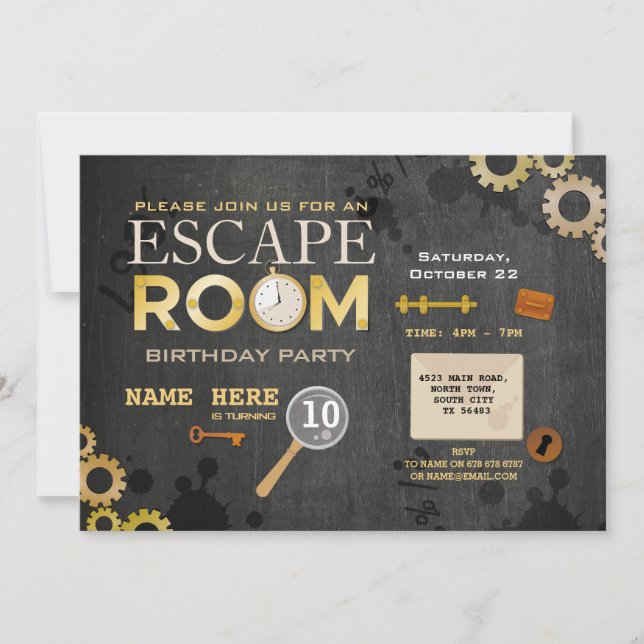Invitación Escape Room Birthday Party Clubs Cogs Keys Photo (Anverso)