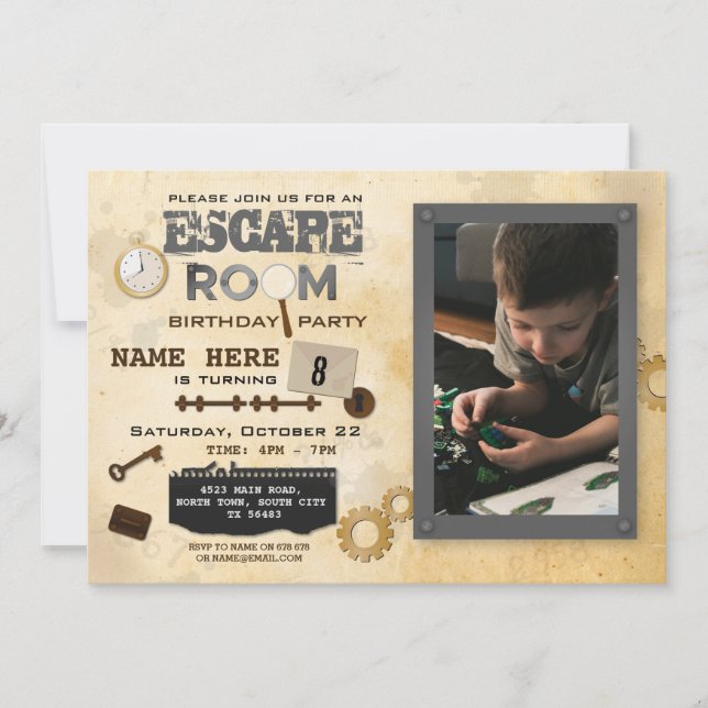 Invitación Escape Room Birthday Party Photo Clubs Spy (Anverso)