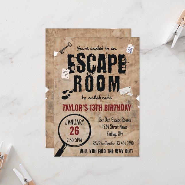 Invitación Escape Room Clubs Birthday Party, Any Age (Anverso/Reverso In Situ)