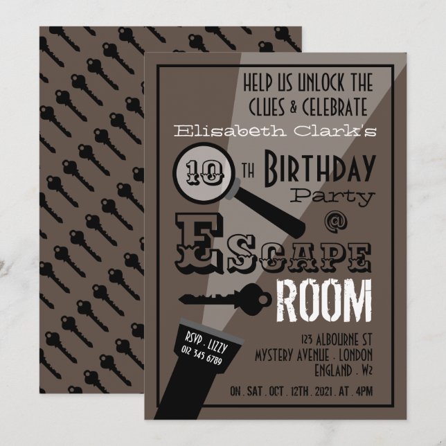Invitación Escape Room, Elegante fiesta de cumpleaños (Anverso / Reverso)