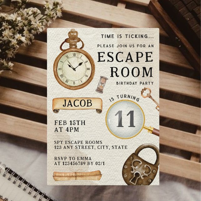 Invitación Escape Room, fiesta de cumpleaños de un niño (Escape Room Kid's Birthday Party Invitation Spy Detective Puzzle Solve the Case Unique )