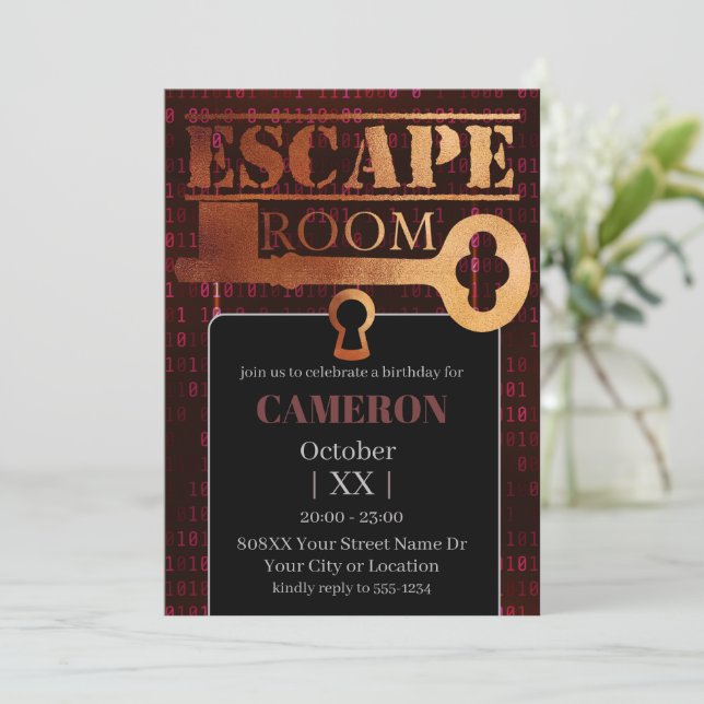 Invitación Escape Room Fiesta Lock and Key Red Binary Code (Anverso de pie)