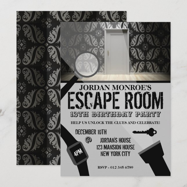 Invitación Escape Room, Fiesta por el Cumpleaños Patterada (Anverso / Reverso)