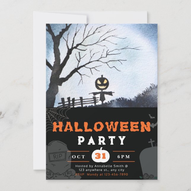 Invitación Escarecrow con Jack-O' Lantern Head Black Hallowee (Anverso)