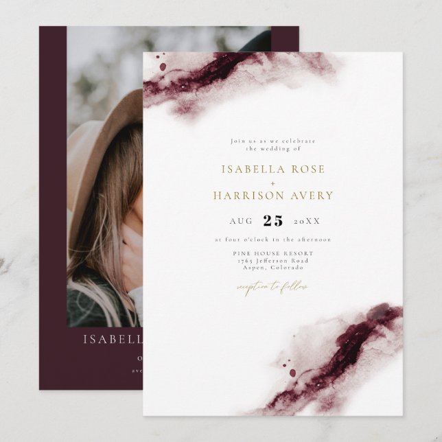 Invitación ESCARLATA | Boda de acuarela Boho Burgundy Gold (Anverso / Reverso)