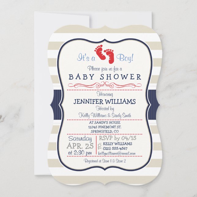 Invitación Escarlata, marina, franjas de huevo Baby Shower (Anverso)