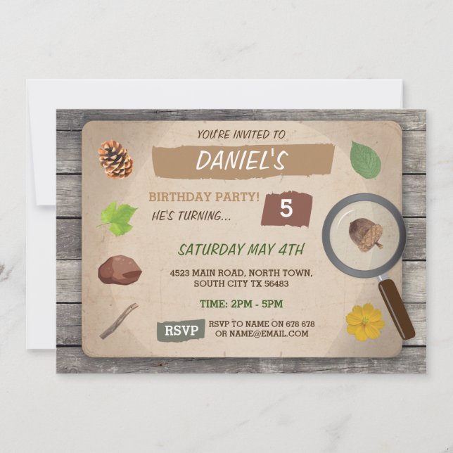 INVITACIÓN ESCAVENGER HUNT CHICOS CUMPLEAÑOS FIESTA GARDEN IN (Anverso)