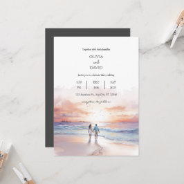 Invitación Escena Atardecer Sobre La Boda De Ocean Watercolor