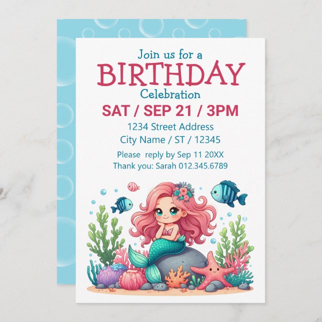 Invitación Escena Bonita y Caprichosa de Sirena y Amigos Pece (Anverso / Reverso)