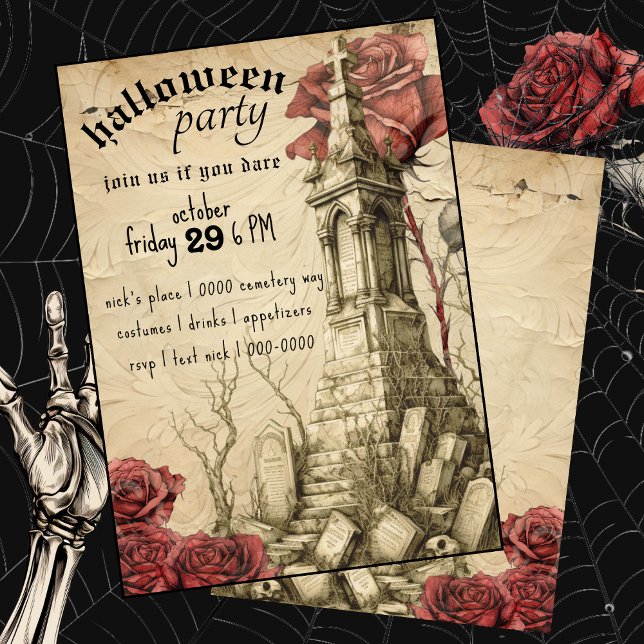Invitación Escena Cemetaria | Rosas de Victoria | Halloween (Victorina gothic cemetery with roses Halloween Costume party customizable invitation. )