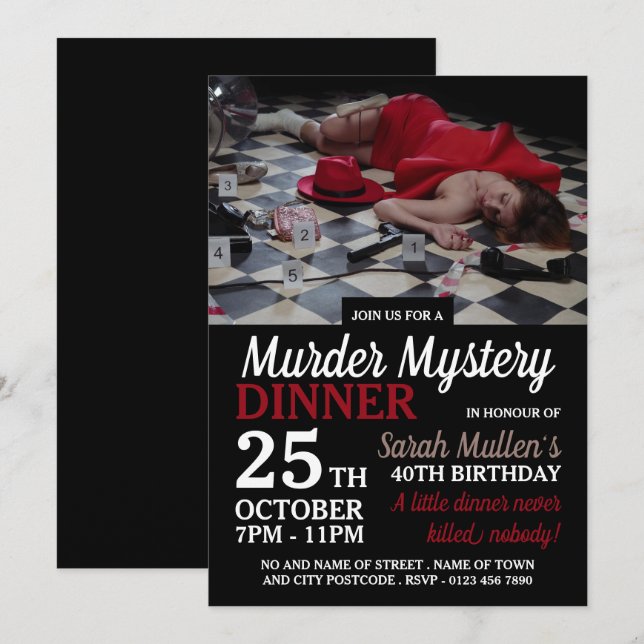 Invitación Escena de asesinato, cena de cumpleaños misteriosa (Anverso / Reverso)