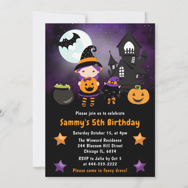 Invitación Escena de Halloween de Bruja Adorable Fiesta de Cu (Anverso)