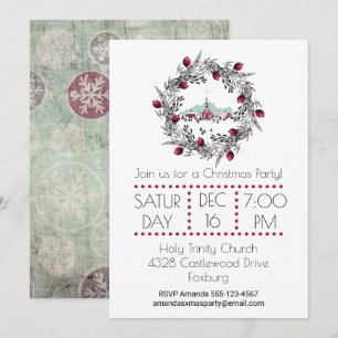 Invitación Escena de iglesia de invierno vintage con corona d