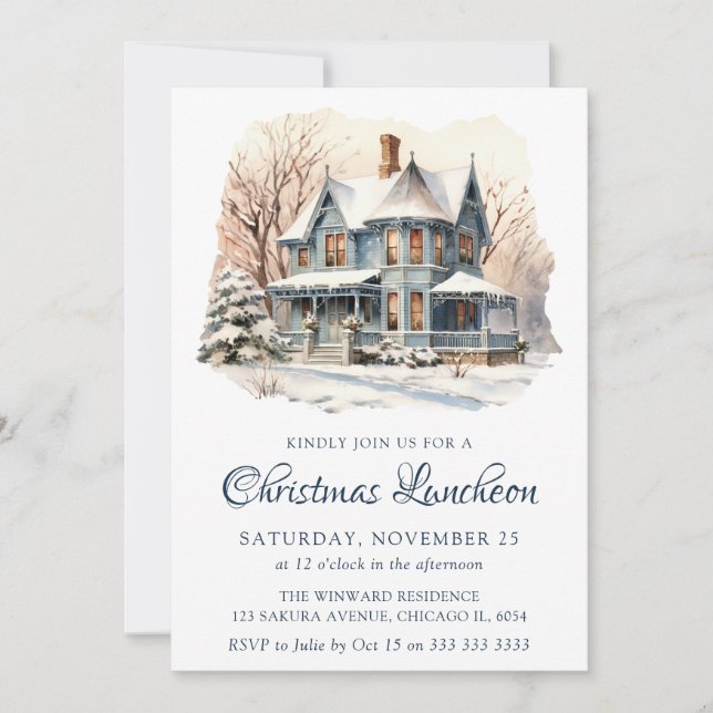 Invitación Escena de invierno con acuarela Almuerzo de Navida (Anverso)