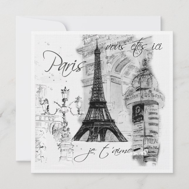 Invitación Escena de la Torre Eiffel Blanca y Negra (Anverso)