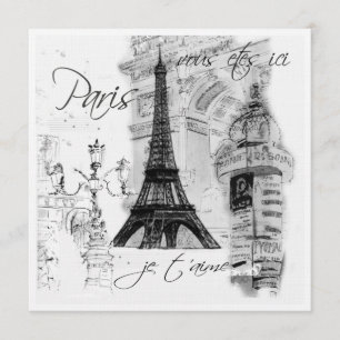 Invitación Escena de la Torre Eiffel en blanco y negro