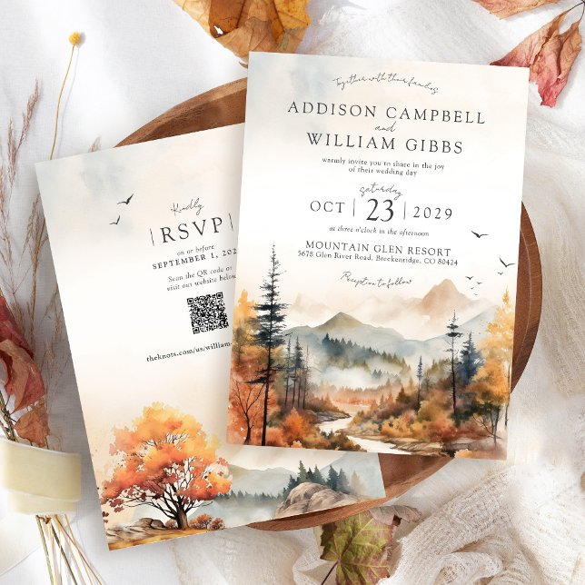 Invitación Escena de montaña de árbol de otoño en acuarela pa (Rustic elegant Fall Trees watercolor forest mountain landscape terracotta QR code wedding invitation)