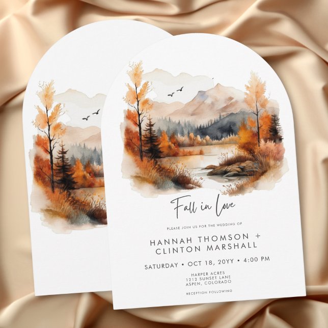 Invitación Escena de montaña de boda de arco de otoño rústico (Rustic Fall In Love Mountain Scene Arch Wedding Invitation)