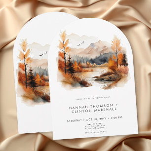 Invitación Escena de montaña de otoño rústica en acuarela con