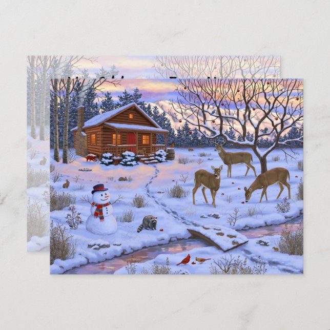 Invitación Escena de Navidad de cabaña de invierno con ciervo (Anverso / Reverso)
