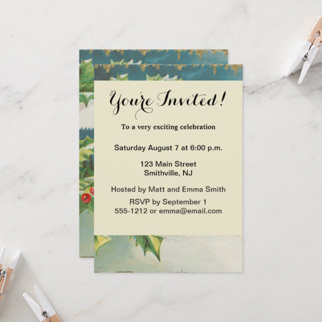 Invitación Escena de Navidad Holly Nieve Invierno (Anverso/Reverso In Situ)