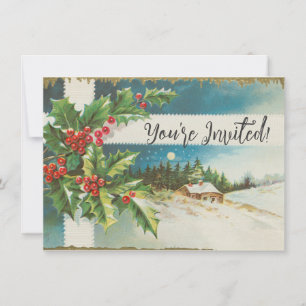 Invitación Escena de Navidad Holly Nieve Invierno