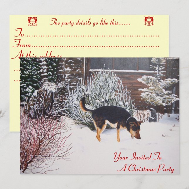 Invitación Escena de nieve con navidades de perros lindos neg (Anverso / Reverso)