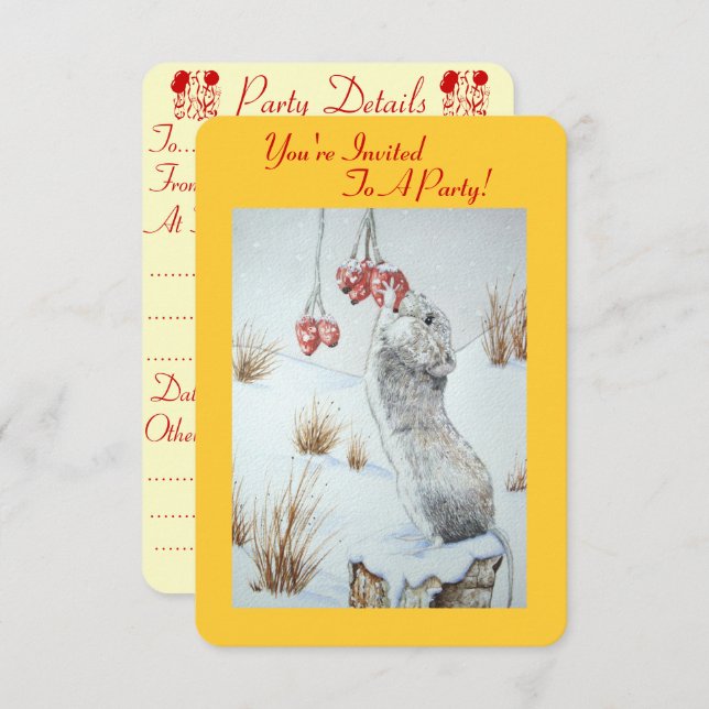 Invitación Escena de nieve de ratones cortos comiendo bayas e (Anverso / Reverso)