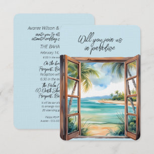 Invitación Escena de playa con ventana abierta paraíso tropic