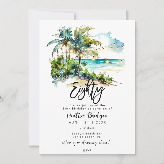 Invitación Escena de playa tropical 80 cumpleaños fiesta (Anverso)