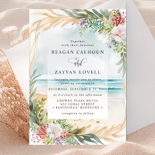 Invitación Escena de playa veraniega con acuarela floral para