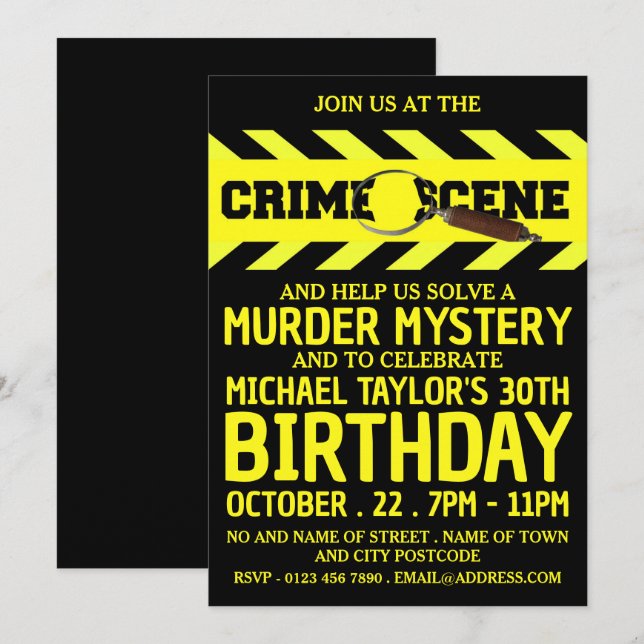 Invitación Escena del crimen, fiesta de cumpleaños del mister (Anverso / Reverso)