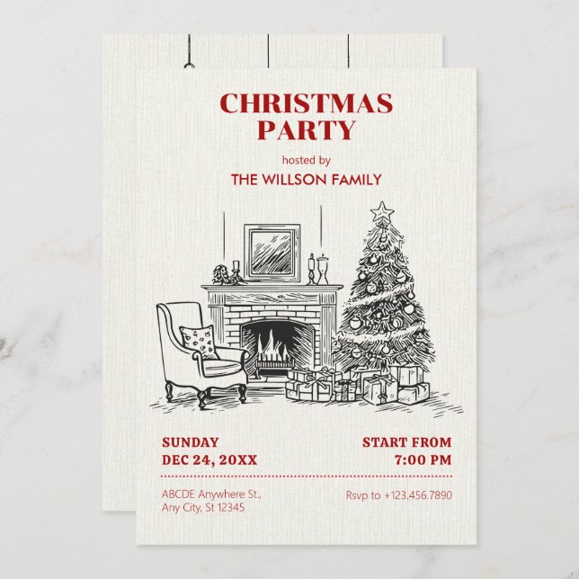 Invitación Escena interior acogedora de Navidad (Anverso / Reverso)