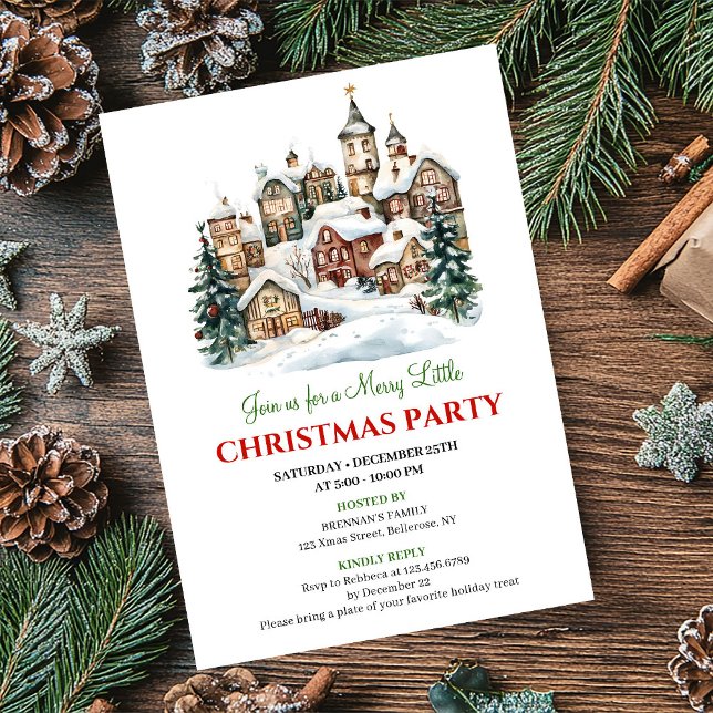 Invitación Escena navideña festiva roja verde de moda  (Trendy red green Christmas scene festive celebration)