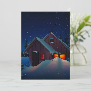 Invitación Escena nocturna de cabaña invernal nevada