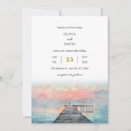 Invitación Escena Pastel Dawn Pesquero Arte Boda en la playa