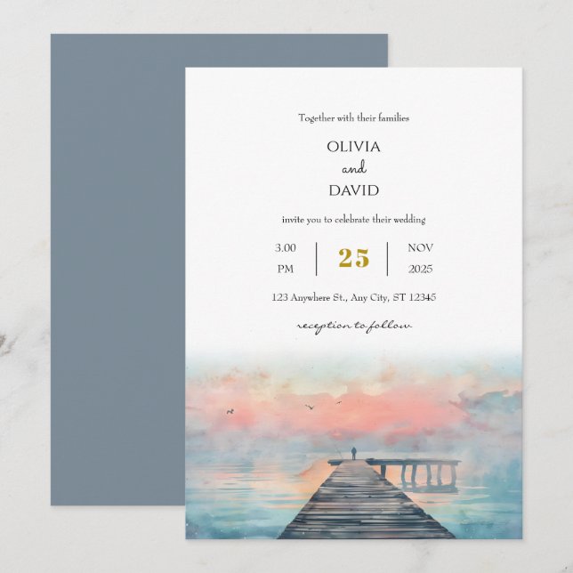 Invitación Escena Pastel Dawn Pesquero Arte Boda en la playa (Anverso / Reverso)