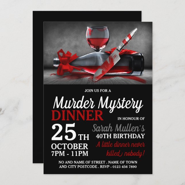 Invitación Escena sangrienta, cena de cumpleaños de misterio  (Anverso / Reverso)