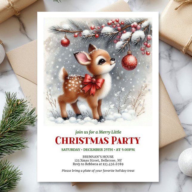 Invitación Escena serena del bosque nevado con cervatillo en  (Rustic watercolor fawn snowy forest serene scene Christmas invite

)