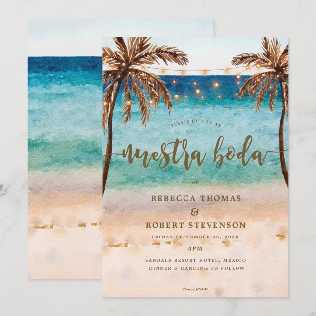 Invitación escena tropical de playa nuestra boda (Anverso / Reverso)