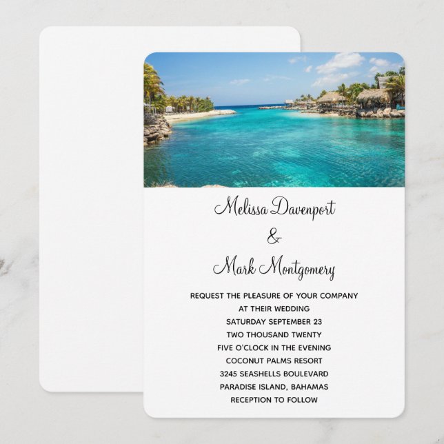 Invitación Escenario de Playa Tropical Resort Boda de Destino (Anverso / Reverso)