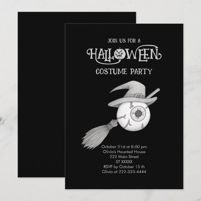 Invitación escoba de brujas de Halloween y el ojo temible (Anverso / Reverso)